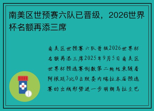 南美区世预赛六队已晋级，2026世界杯名额再添三席