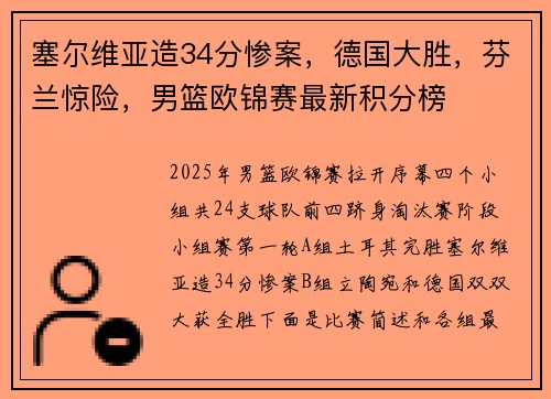 塞尔维亚造34分惨案，德国大胜，芬兰惊险，男篮欧锦赛最新积分榜